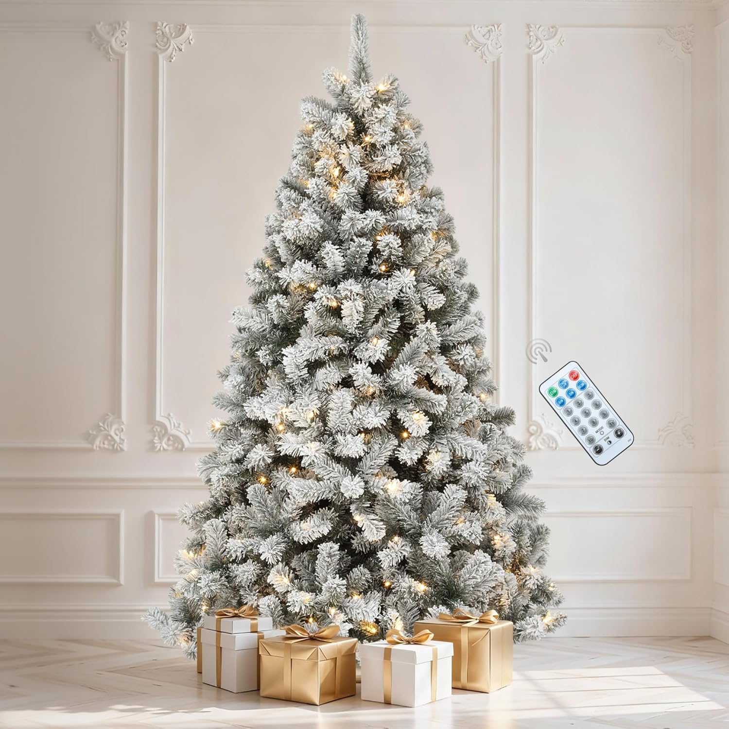 Flocked & Pre-Lit Christmas Trees with Lights & Bulbs