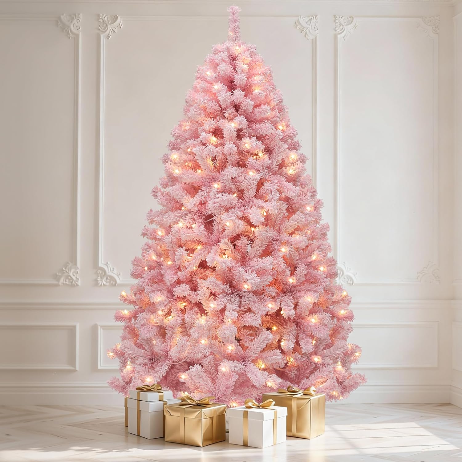 Flocked & Pre-Lit Christmas Trees with Lights & Bulbs